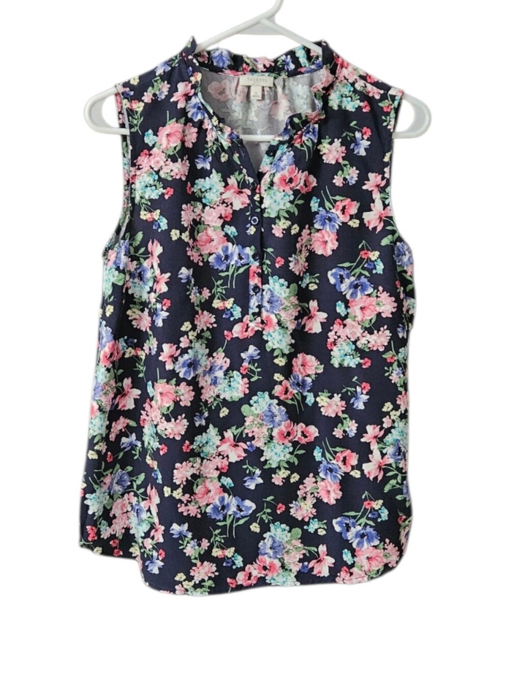 Talbots Factory Sleeveless Floral Top Women's Small Buttons Ruffle Blue Pink
